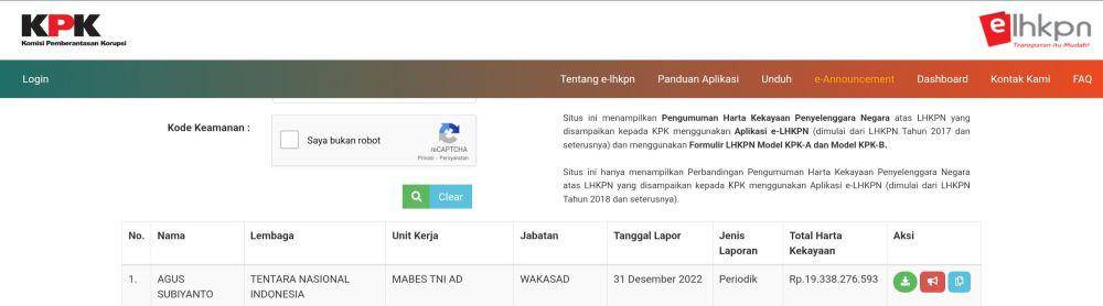 Harta kekayaan Letjen Agus Subiyanto yang dilaporkan di Komisi Pemberantasan Korupsi. (Tangkapan layar)