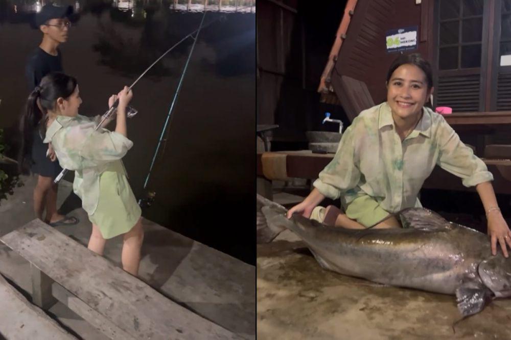 7 Potret Prilly Mancing Malam-Malam, Dapat Ikan Hampir Segede Badannya