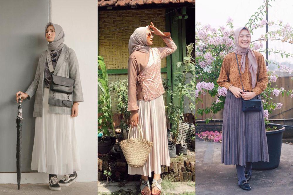 9 Ide OOTD Hijab dengan Rok Plisket ala Bella Attamimi, Tampil Chic!