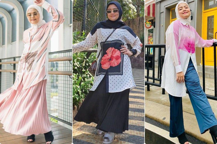 7 Kemeja Oversize untuk Outfit Berhijab ala Tika Ramlan, Santun!