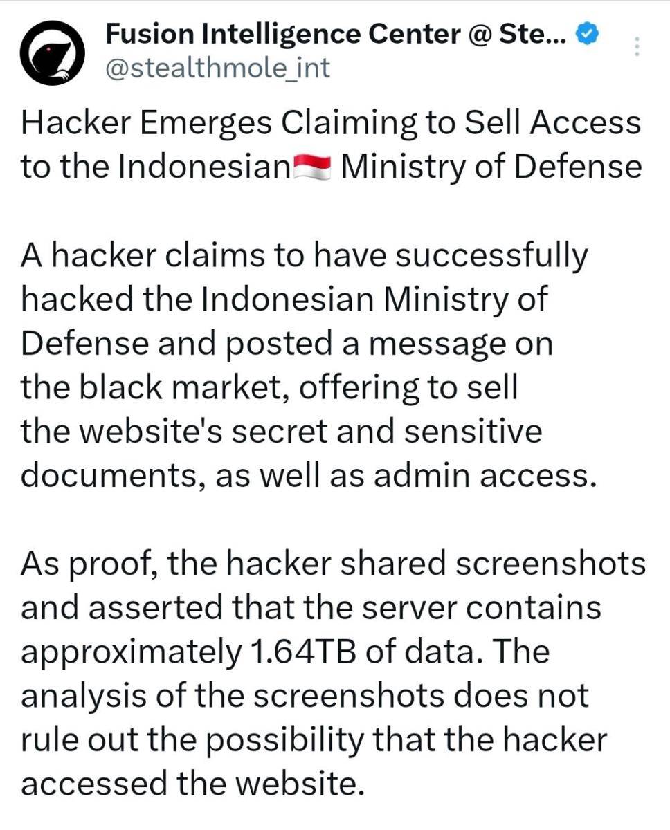 Notifikasi dari peretas yang mengklaim membobol Kementerian Pertahanan. (Tangkapan layar platform X)