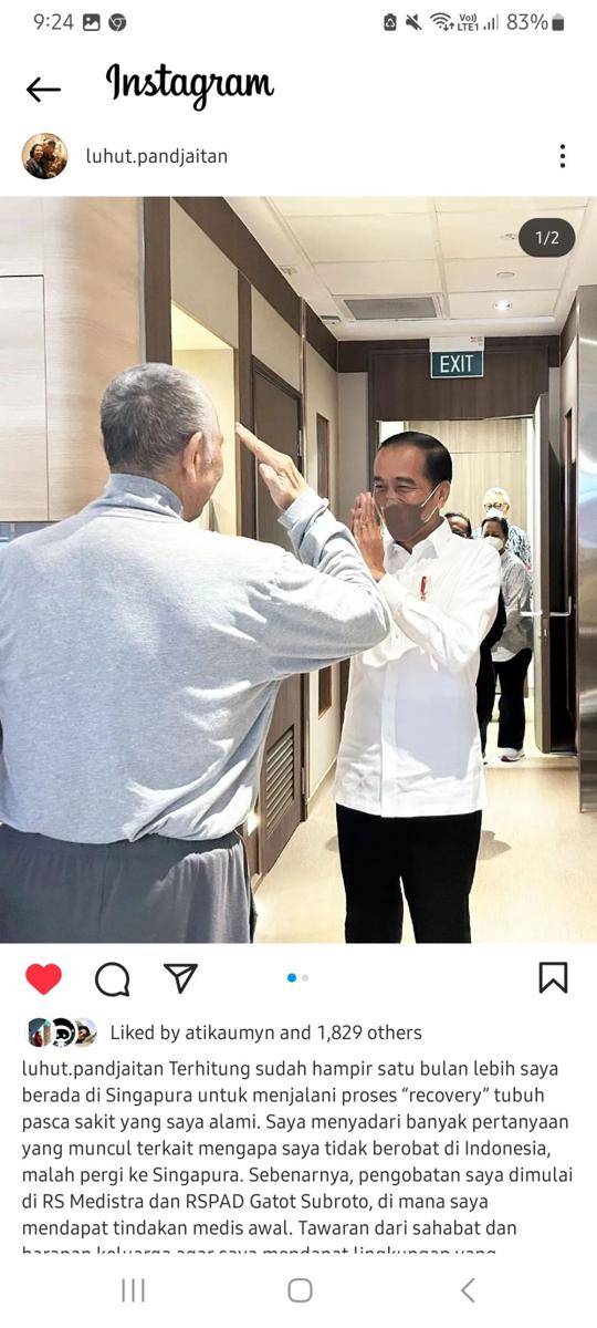 Menteri Koordinator Maritim dan Investasi Luhut Binsar Pandjaitan. (Screenshot/akun IG@luhut.pandjaitan