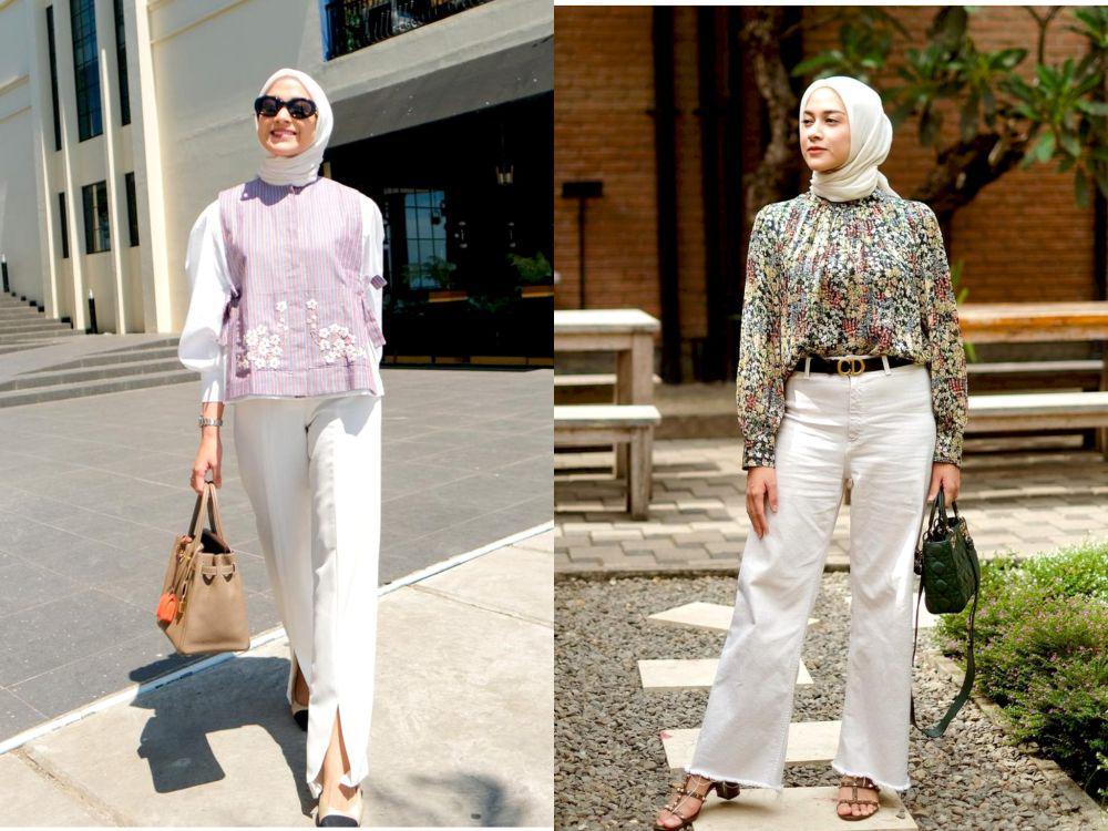 7 Ide Padu Padan Outfit Hijab dengan Celana Putih ala Nina Zatulini