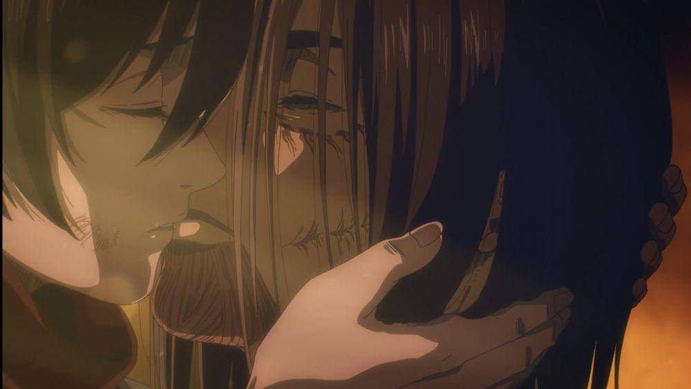 Mikasa mencium Eren setelah menebas kepalanya (Dok. MAPPA/Attack on Titan Final Season)