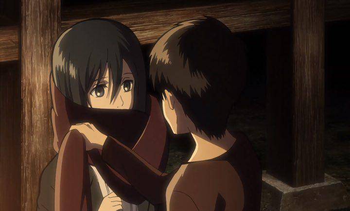 Eren memberikan syal merah ke Mikasa (Dok. Wit Studio/Attack on Titan)