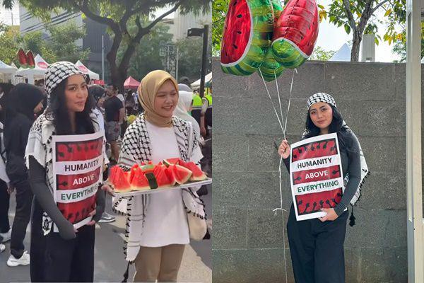 7 Potret Rachel Vennya Bagi Semangka Saat Ikut Aksi Bela Palestina