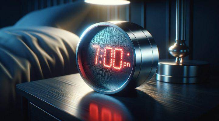 jam digital menunjukan jam tujuh malam, waktu yang disarankan untuk upload konten TikTok (dok. chat.openai.com)