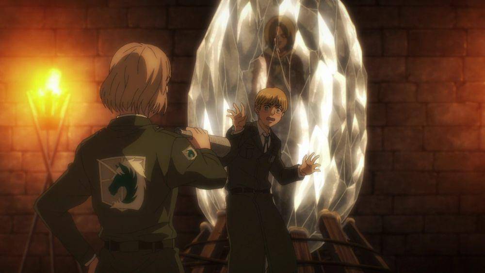 Armin digoda Hitch saat ketahuan sering menjenguk batu kristal Annie (Dok. MAPPA/Attack on Titan)