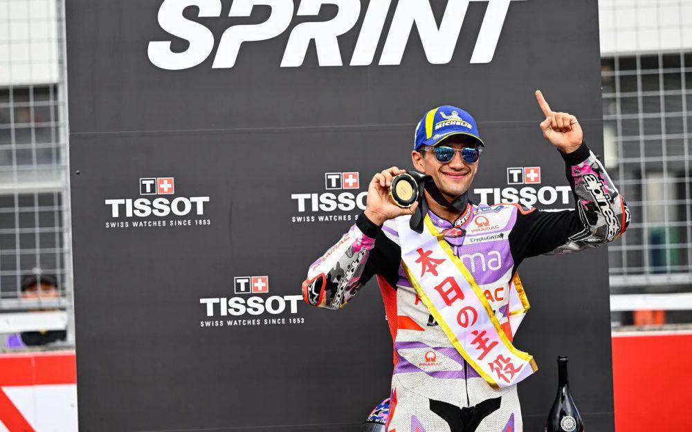 Jorge Martin berselebrasi usai finis pertama di main race GP Jepang 2023. (motogp.com)