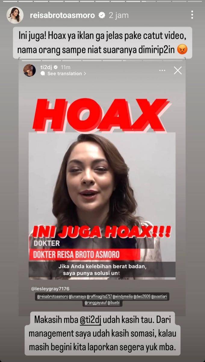 klarifikasi Reisa Broto Asmoro dicatut akun palsu dan iklan pelangsing (instagram.com/reisabrotoasmoro)