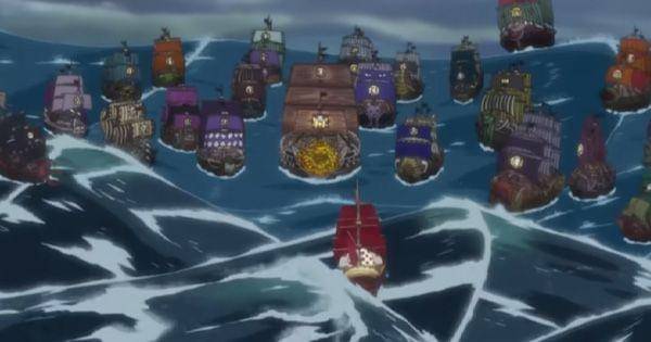 Kelompok Roger dikepung grup Shiki ( Dok.  ONE PIECE公式YouTubeチャンネル / ONE PIECE FILM STRONG WORLD EPISODE:0 )