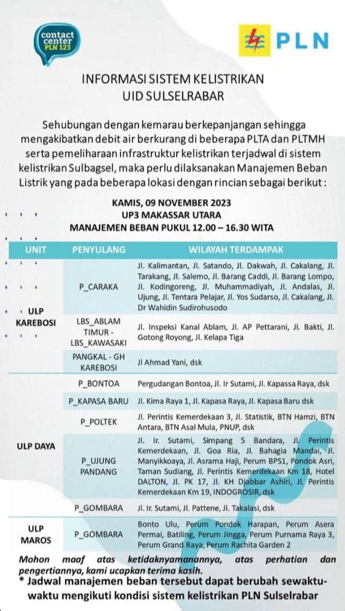 Informasi pemadaman listrik di Makassar. (Instagram/pln_makassar_utara)