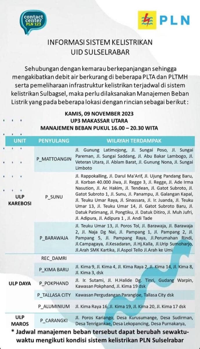 Informasi pemadaman listrik di Makassar. (Instagram/pln_makassar_utara)
