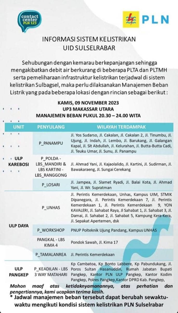 Informasi pemadaman listrik di Makassar. (Instagram/pln_makassar_utara)