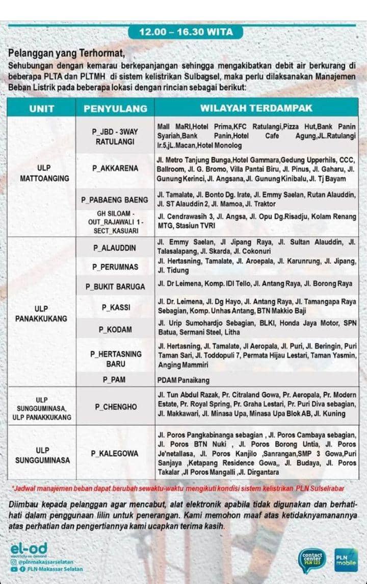 Informasi pemadaman listrik di Makassar. (Instagram/plnmakassarselatan)