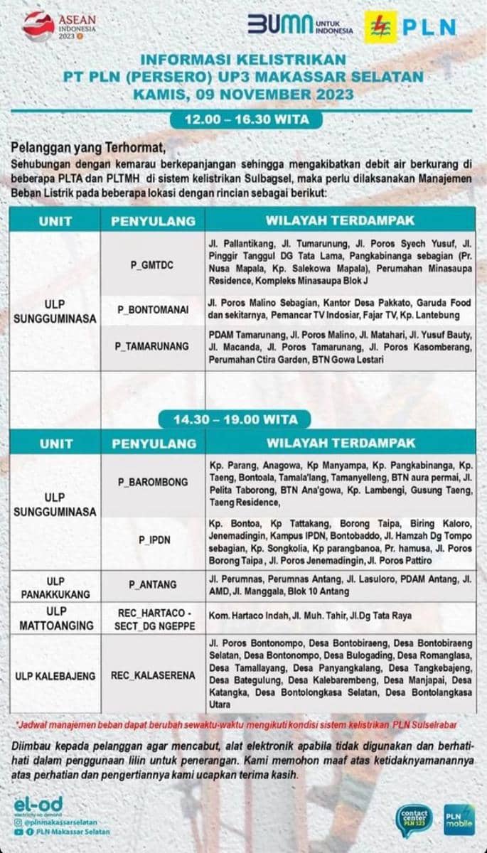 Informasi pemadaman listrik di Makassar. (Instagram/plnmakassarselatan)