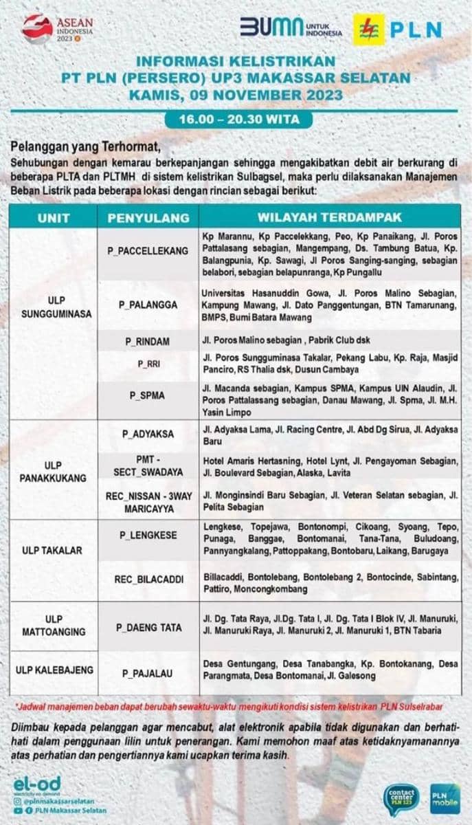 Informasi pemadaman listrik di Makassar. (Instagram/plnmakassarselatan)