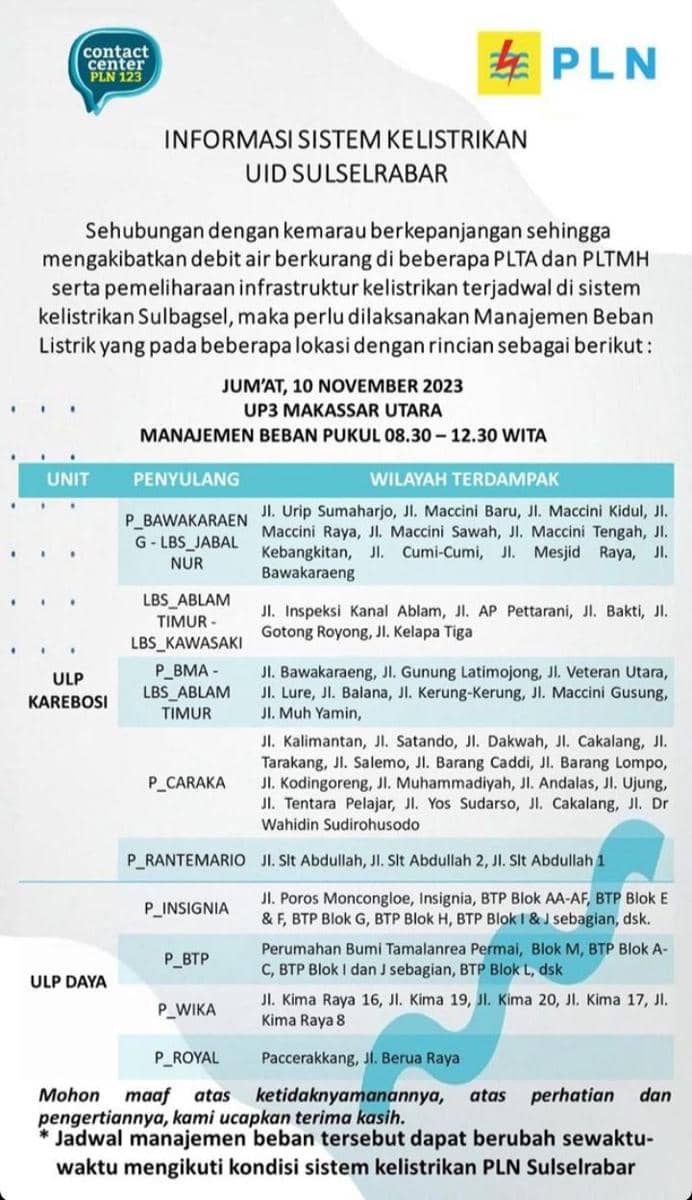 Informasi pemadaman listrik di Kota Makassar (Instagram/pln_makassar_utara)