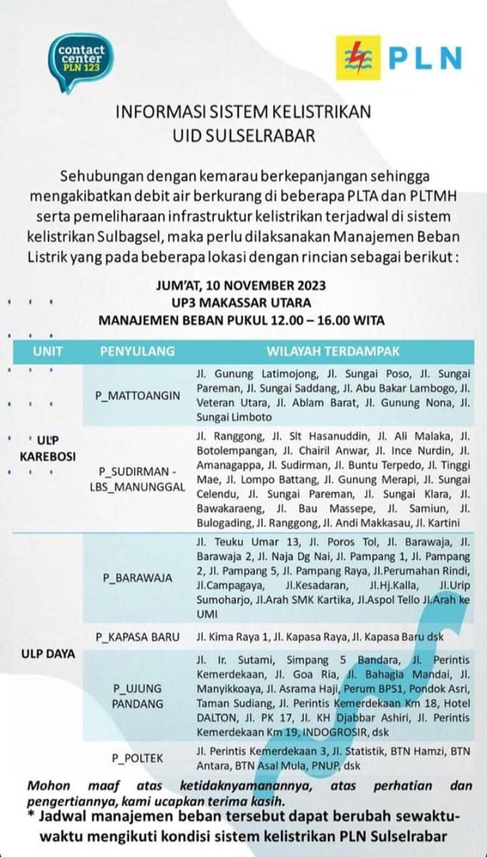 Informasi pemadaman listrik di Kota Makassar (Instagram/pln_makassar_utara)