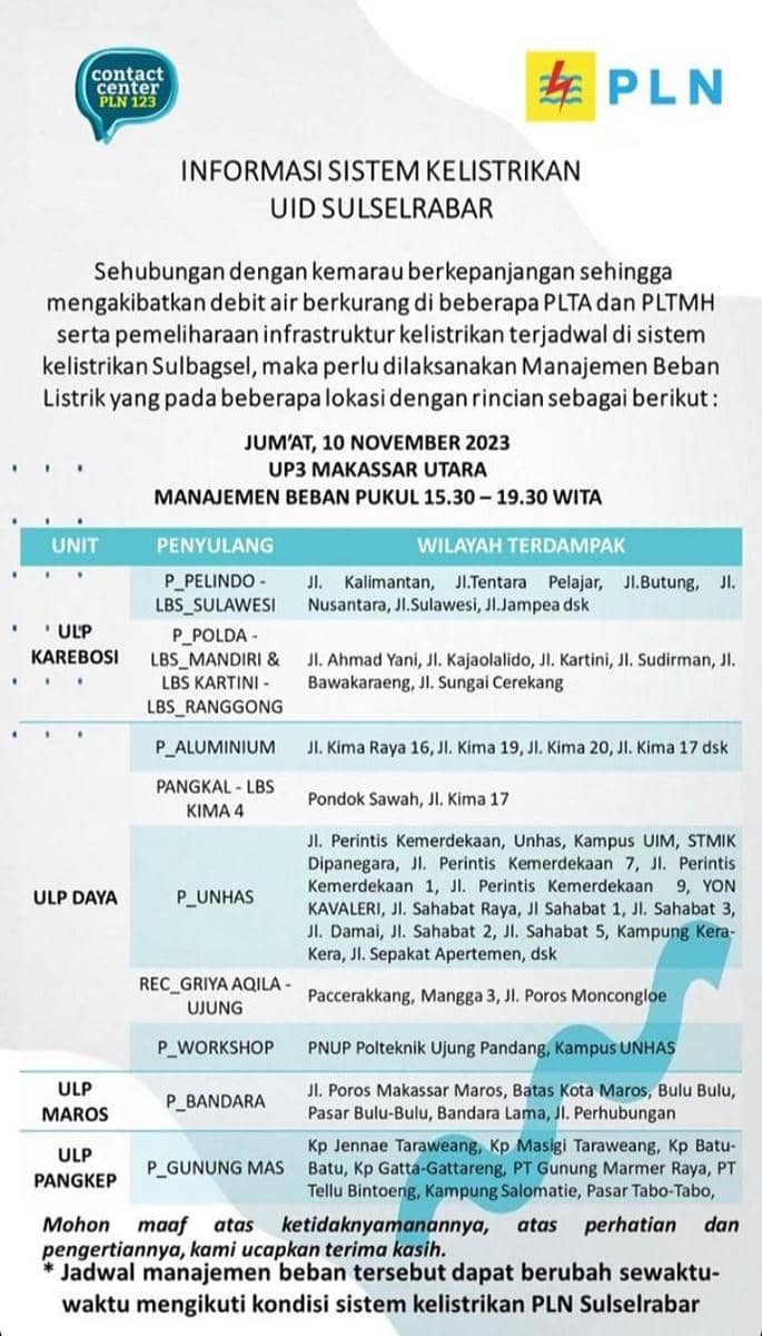 Informasi pemadaman listrik di Kota Makassar (Instagram/pln_makassar_utara)