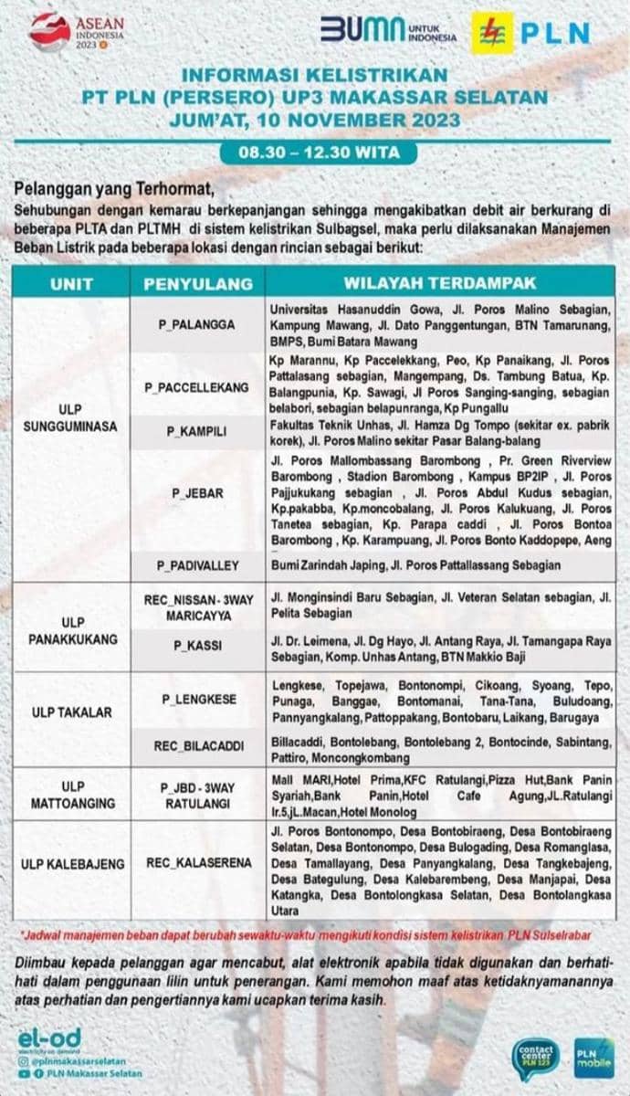 Informasi pemadaman listrik di Kota Makassar (Instagram/plnmakassarselatan)