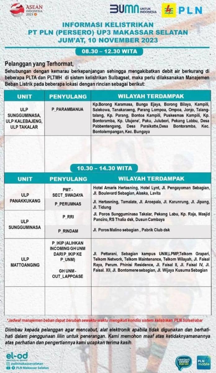Informasi pemadaman listrik di Kota Makassar (Instagram/plnmakassarselatan)