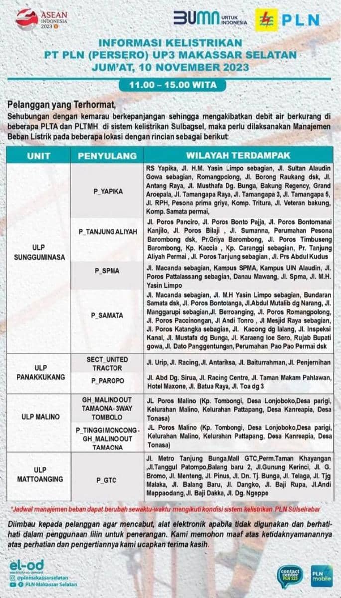 Informasi pemadaman listrik di Kota Makassar (Instagram/plnmakassarselatan)