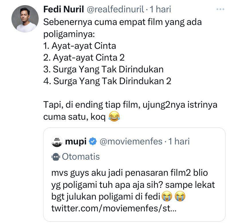 reaksi kocak Fedi Nuril tanggapi stereotipe peran poligami yang melekat padanya (x.com/realfedinuril)