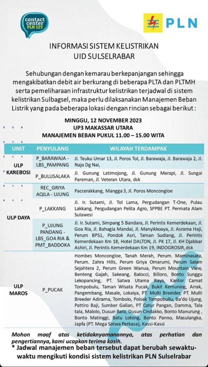 Informasi pemadaman listrik di Makassar. (Instagram/pln_makassar_utara)