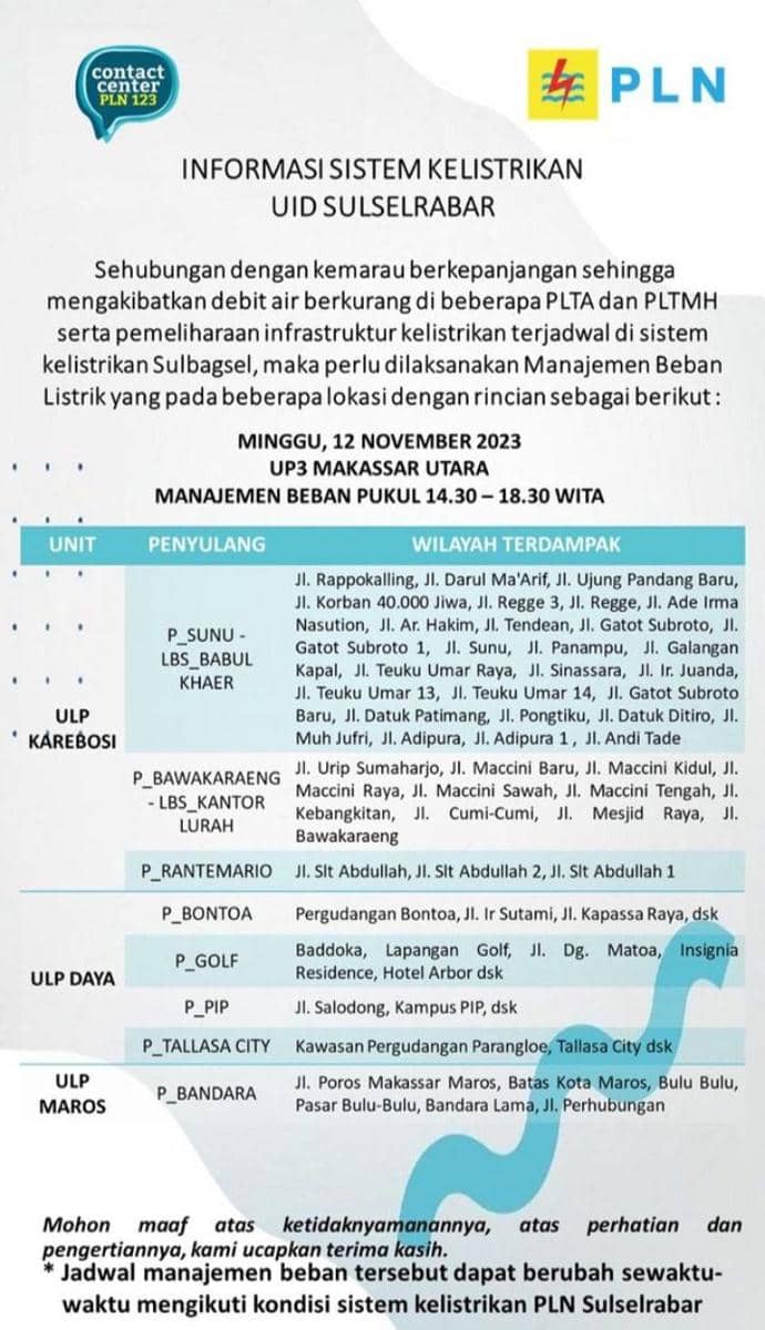 Informasi pemadaman listrik di Makassar. (Instagram/pln_makassar_utara)