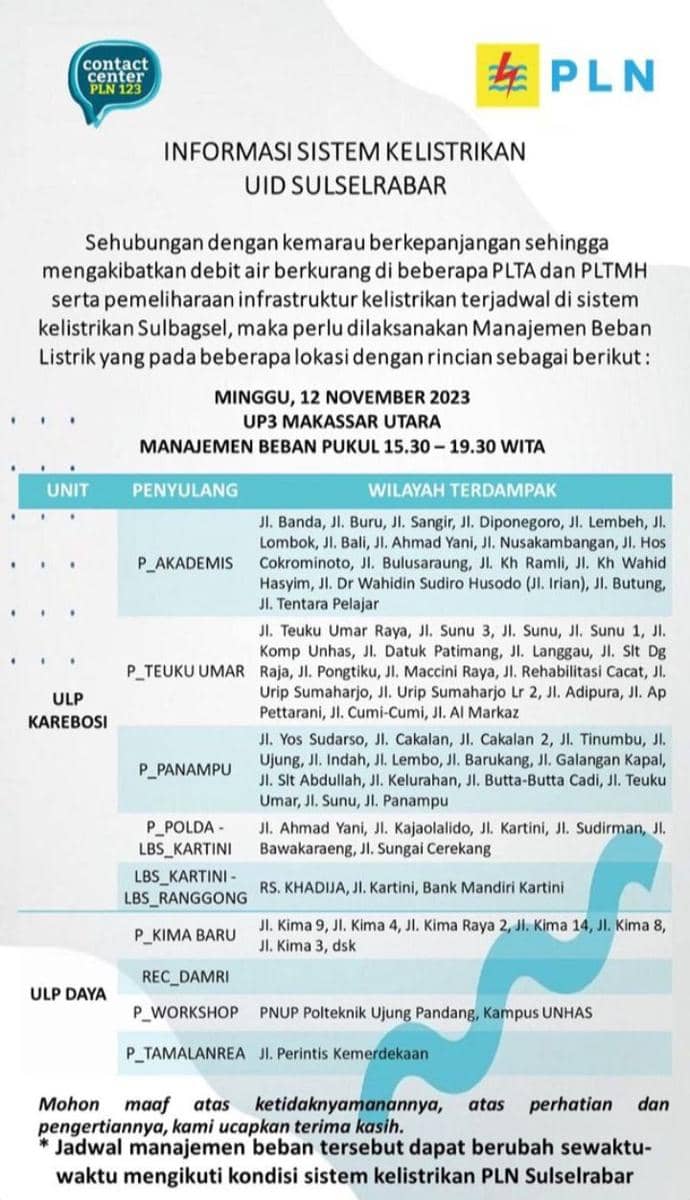 Informasi pemadaman listrik di Makassar. (Instagram/pln_makassar_utara)