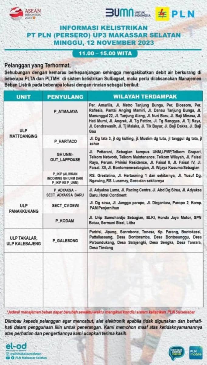 Informasi pemadaman listrik di Makassar. (Instagram/plnmakassarselatan)