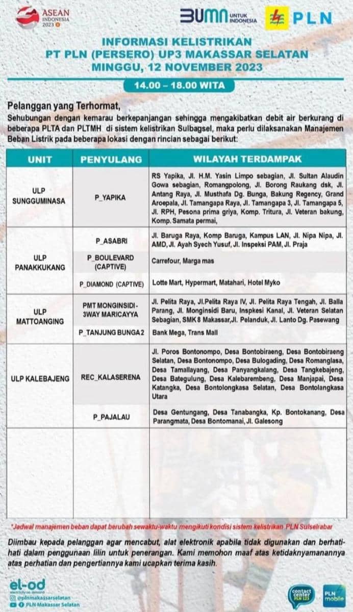 Informasi pemadaman listrik di Makassar. (Instagram/plnmakassarselatan)