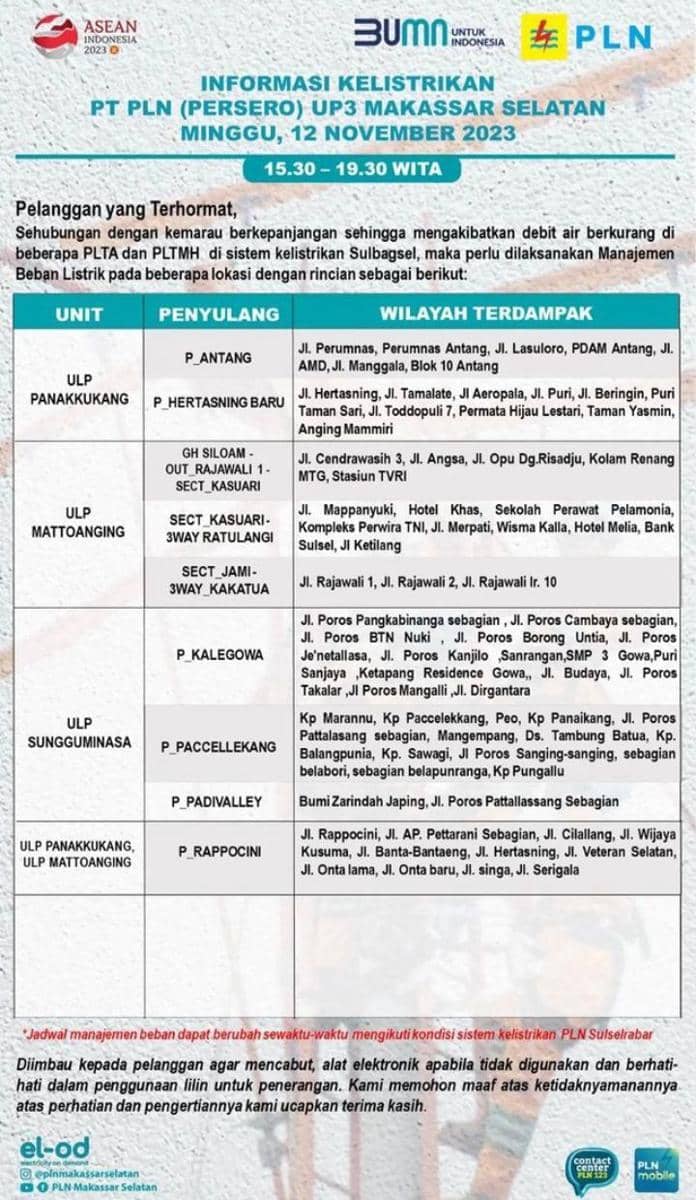 Informasi pemadaman listrik di Makassar. (Instagram/plnmakassarselatan)