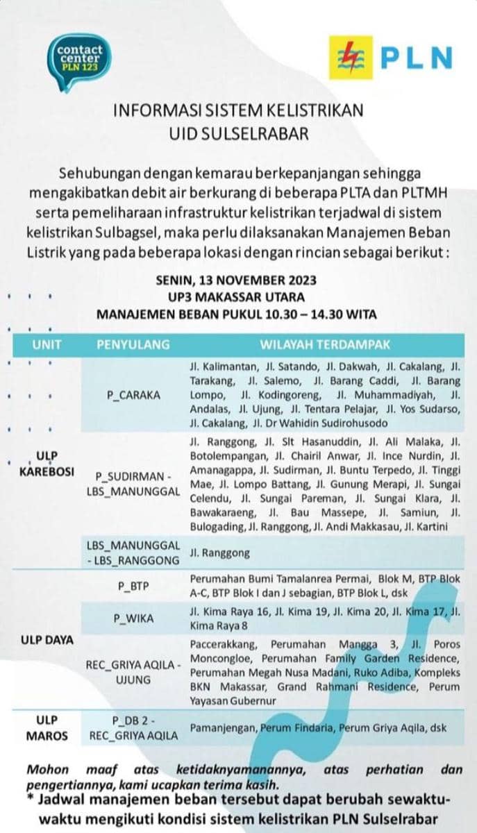 Informasi pemadaman listrik di Makassar bagian utara (Instagram/pln_makassar_utara)