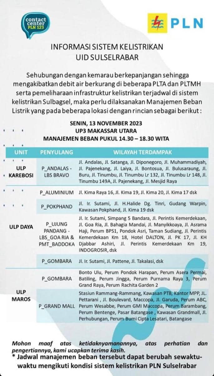 Informasi pemadaman listrik di Makassar bagian utara (Instagram/pln_makassar_utara)
