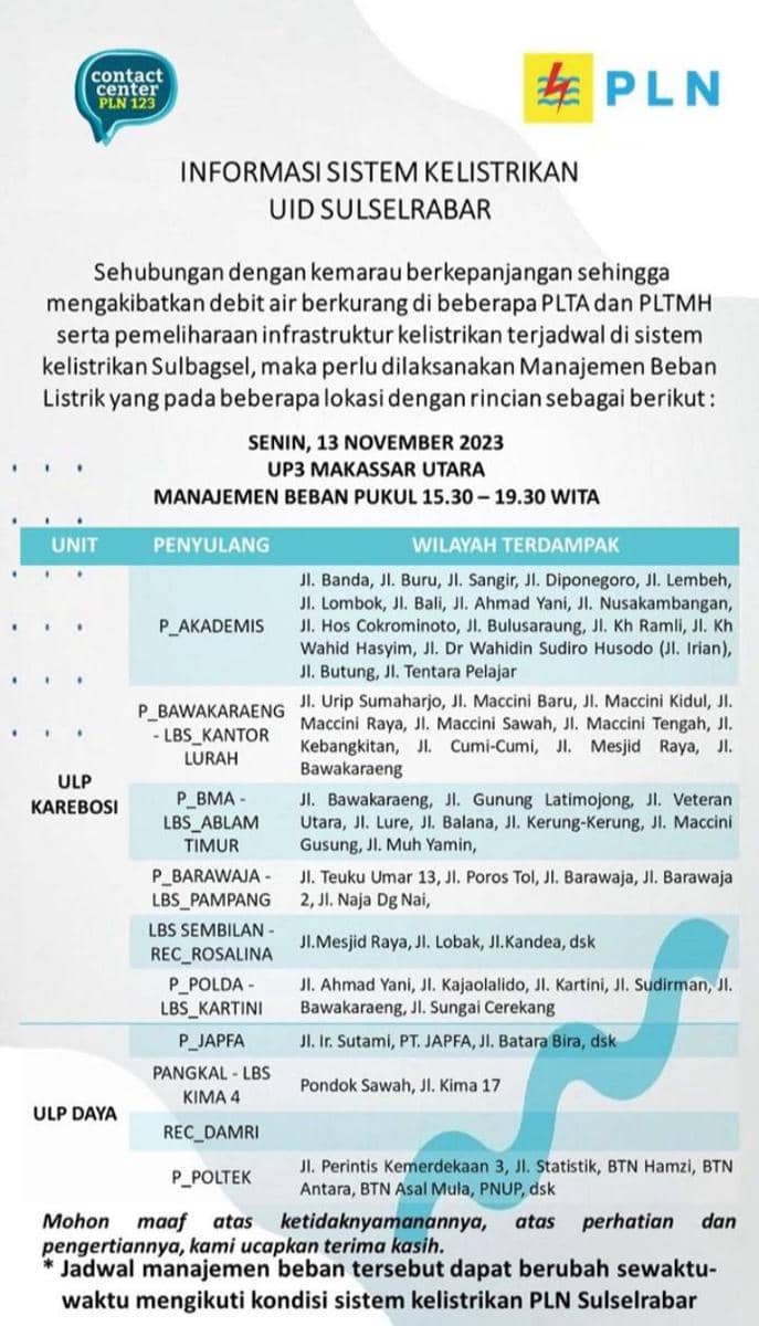 Informasi pemadaman listrik di Makassar bagian utara (Instagram/pln_makassar_utara)