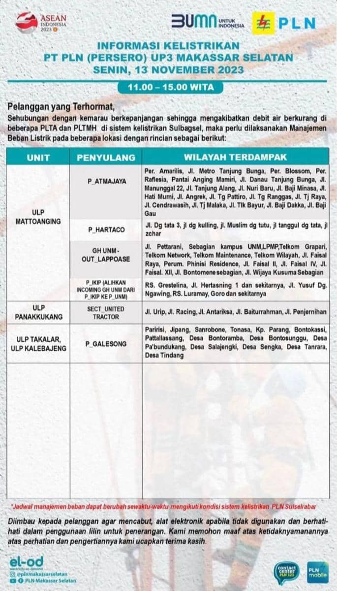 Informasi pemadaman listrik di Makassar bagian utara (Instagram/plnmakassarselatan)