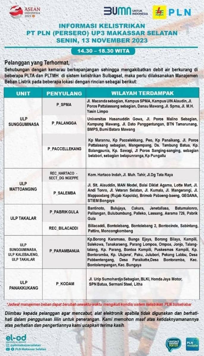 Informasi pemadaman listrik di Makassar bagian utara (Instagram/plnmakassarselatan)