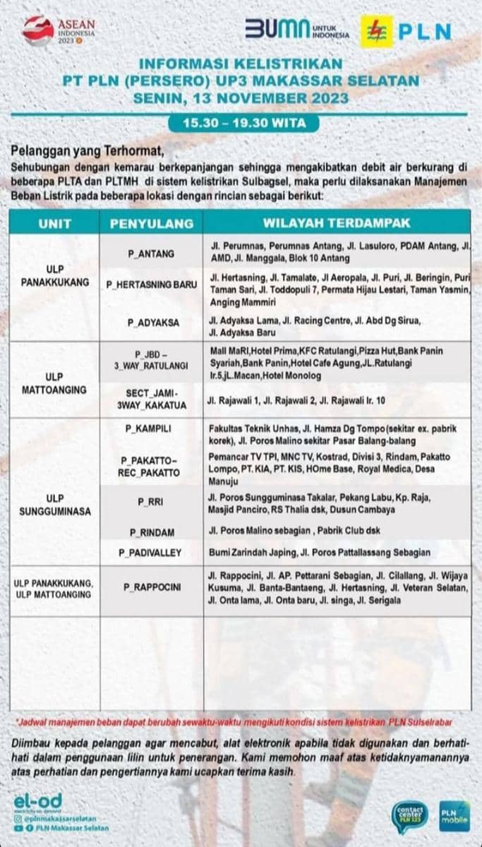 Informasi pemadaman listrik di Makassar bagian utara (Instagram/plnmakassarselatan)