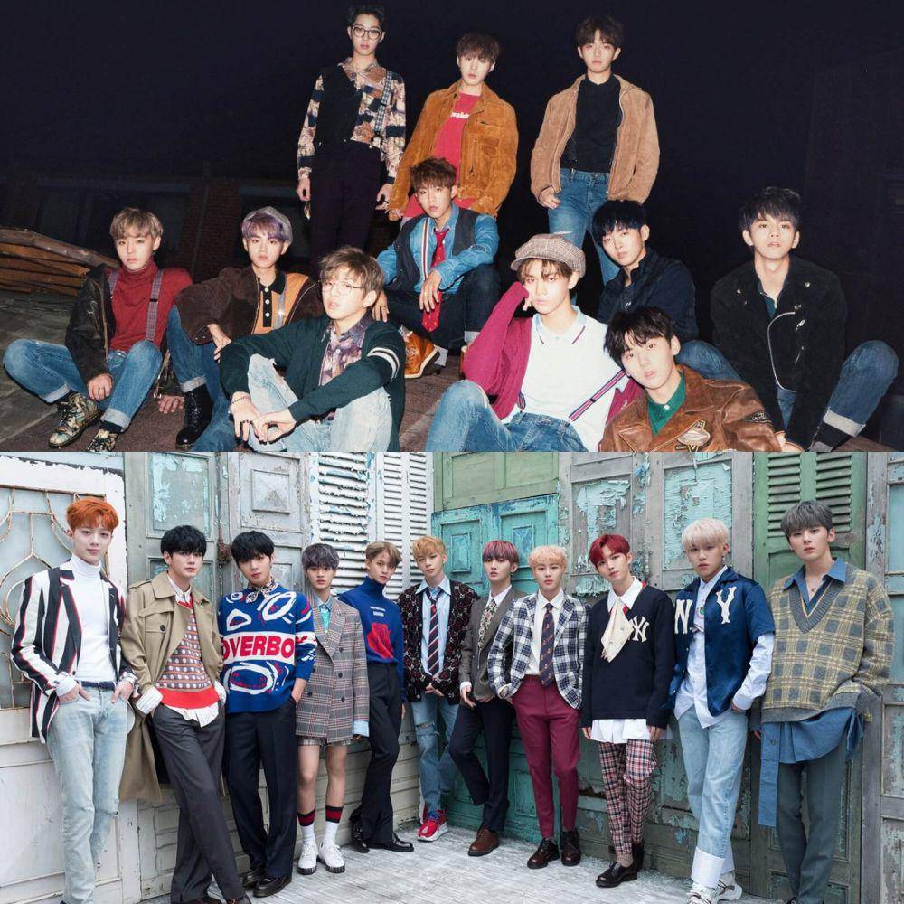 (atas) Wanna One di cover album 1-1=0 (Nothing Without You) dan 1¹¹=1 (Power of Destiny) (bawah) (twitter.com/WannaOne_twt)