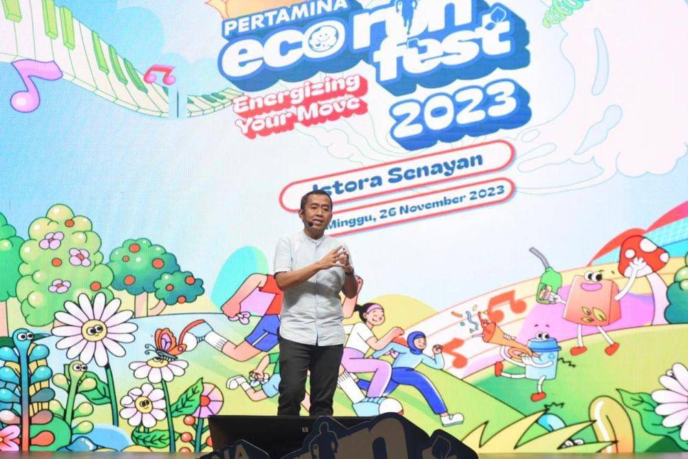Corporate Secretary Pertamina Brahmantya S. Poerwadi memberikan sambutan saat acara Press Confrence “Pertamina Eco RunFest 2022 Energizing Your Move” yang diselenggarakan di M Bloc Space, Jakarta pada Selasa (14/11/2023). (Dok. Pertamina)