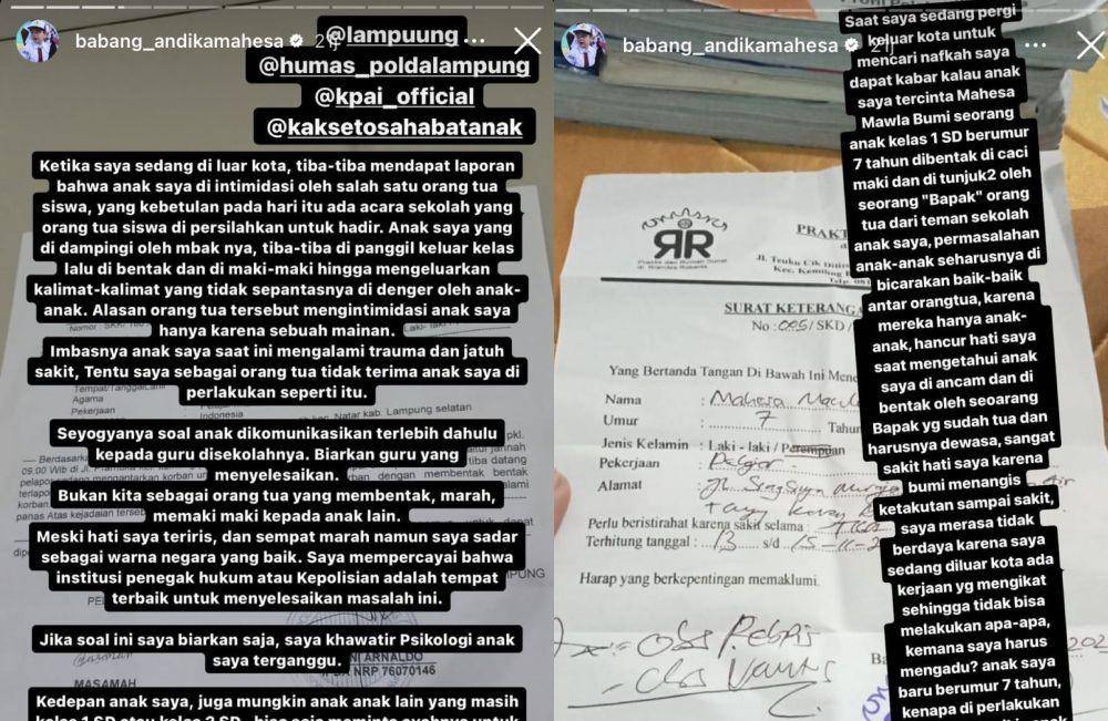 kronologi anak Andika Kangen Band diduga diintimidasi wali murid (Instagram.com/babang_andikamahesa)