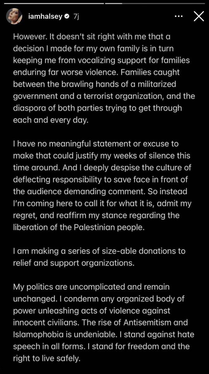 Halsey beri dukungan untuk Palestina (Instagram.com/iamhalsey)