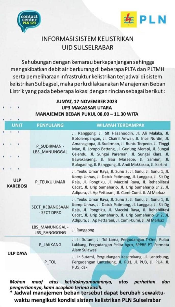 Informasi pemadaman listrik di Makassar. (Instagram/pln_makassar_utara)
