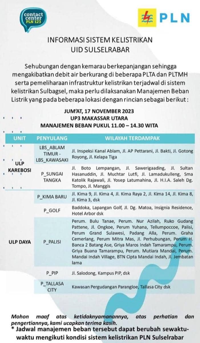 Informasi pemadaman listrik di Makassar. (Instagram/pln_makassar_utara)