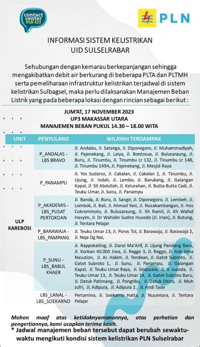Informasi pemadaman listrik di Makassar. (Instagram/pln_makassar_utara)