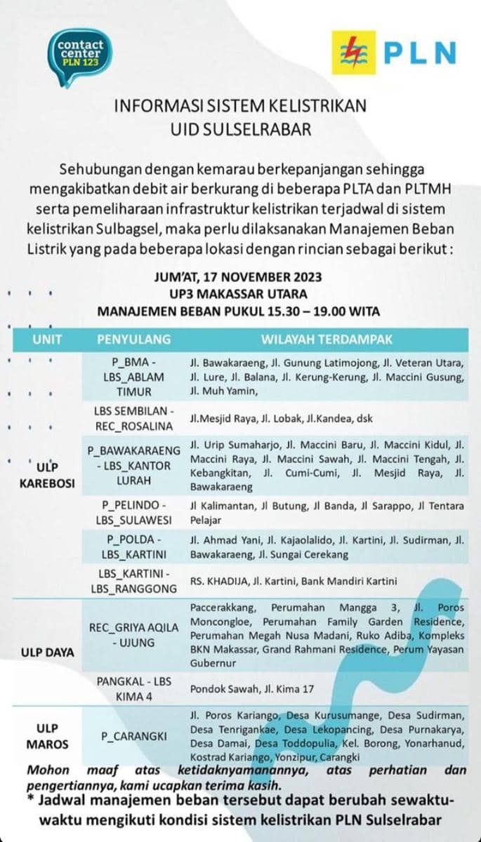 Informasi pemadaman listrik di Makassar. (Instagram/pln_makassar_utara)
