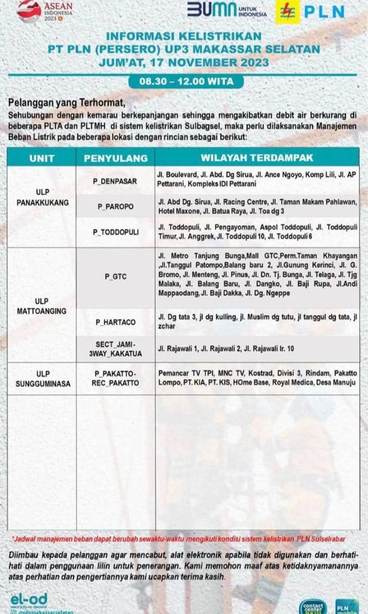 Informasi pemadaman listrik di Makassar. (Instagram/plnmakassarselatan)