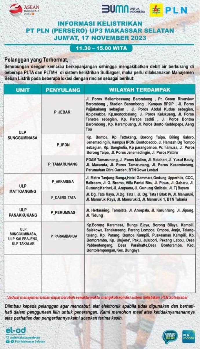 Informasi pemadaman listrik di Makassar. (Instagram/plnmakassarselatan)